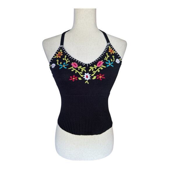 Wet Seal Black Embroidered Knit Halter Top Boho Floral Y2K Ribbed Stretch S - Picture 1 of 6